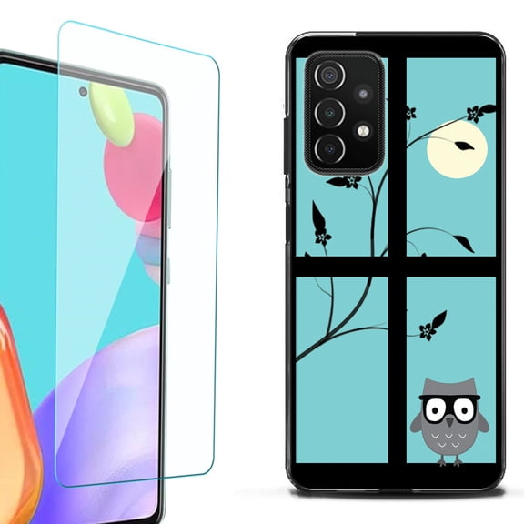 Slim-Fit Flexible TPU Gel Phone Case (black) for Samsung Galaxy A52 5G, with Tempered Glass Screen Protector, by OneToughShield ® - Moon Owl