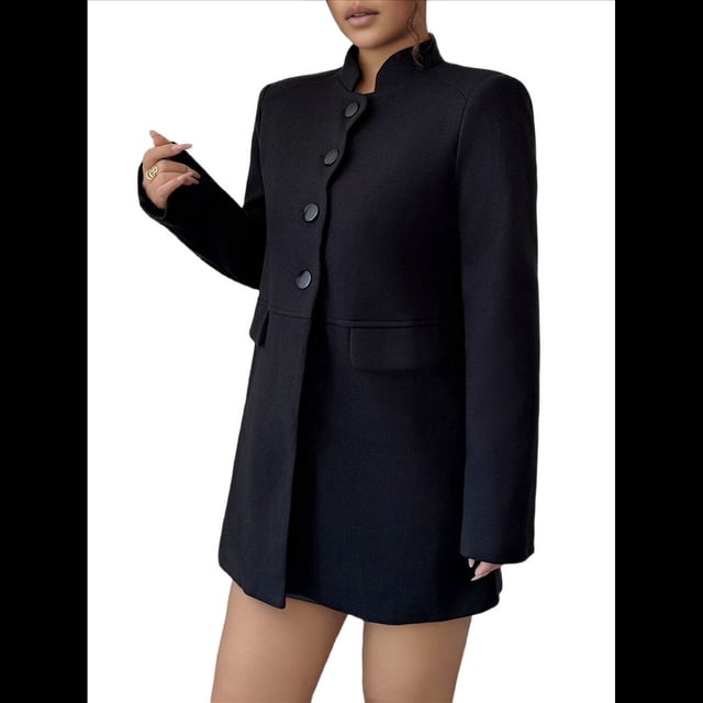 Abrigo de Invierno para Mujer, Medio, Cuello Alto, Botonadura Sencilla, Abrigo de Abrigo. Negro M