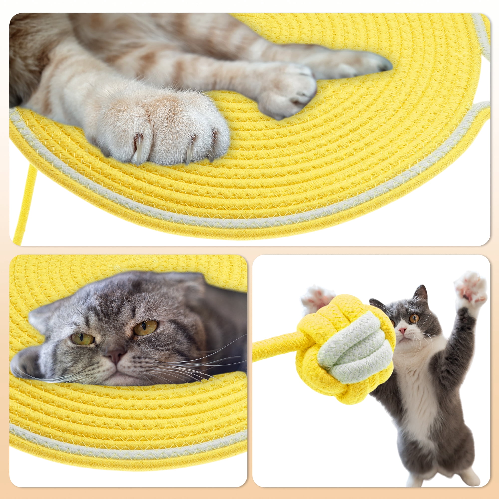 Unique Bargains Cat Scratcher Mat with A Cat Ball Cotton Rope Yellow [19.69"]
