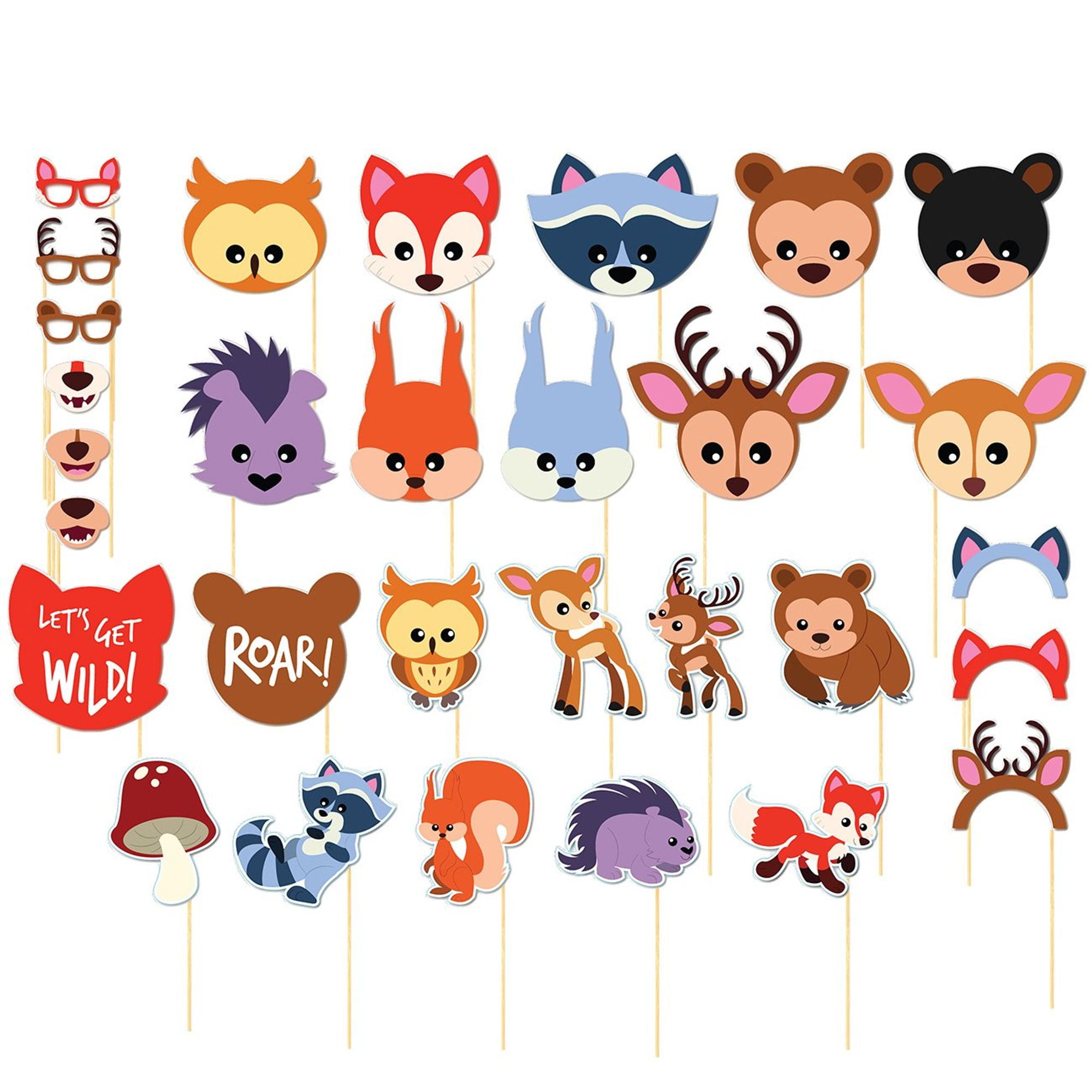 Photo Booth Props Kit - 30-Pack Pre-Assembled Woodland Animals Themed ...