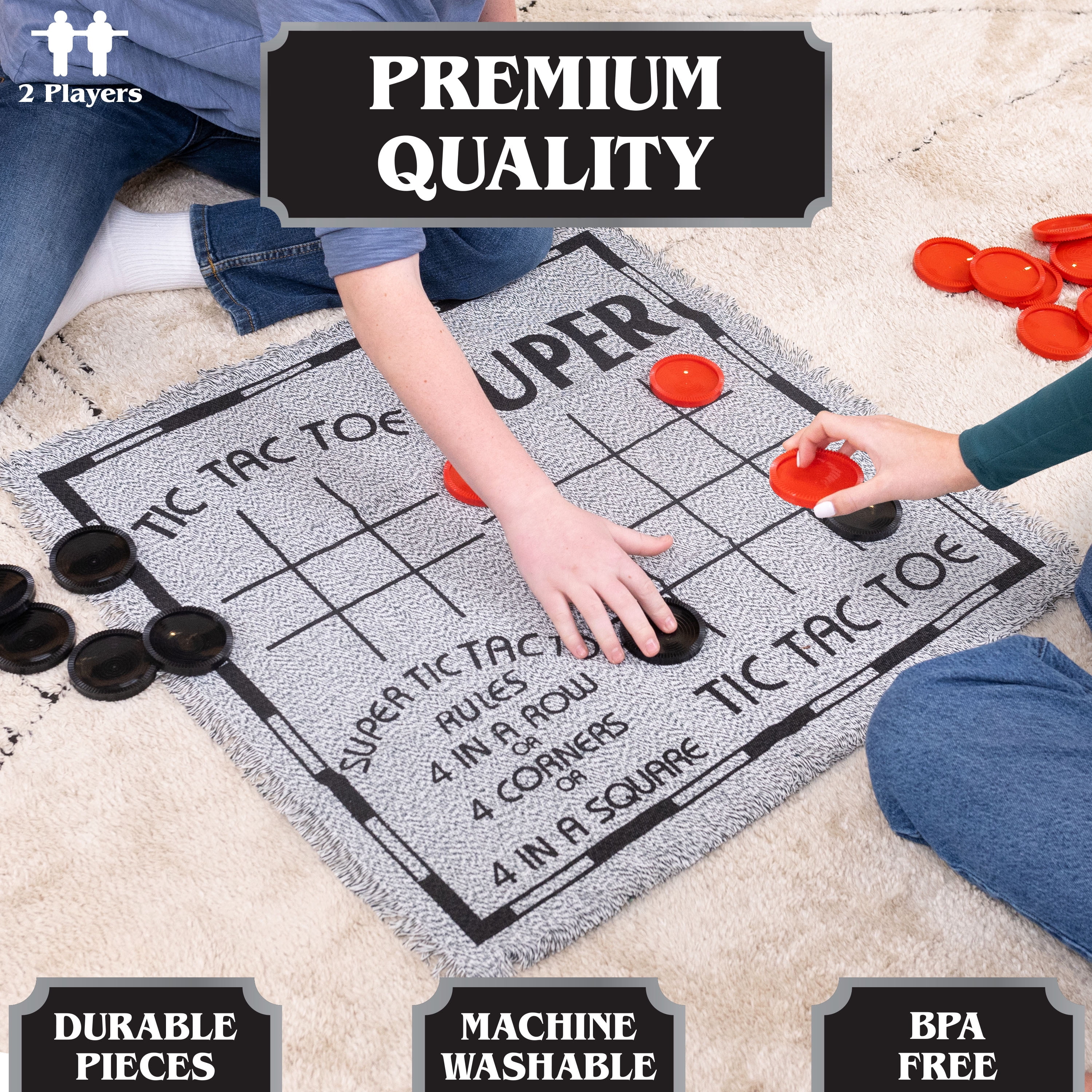 Elbow Room Games Jumbo Checkers Set with Double Sided Cloth Mat and Storage Bag – Includes 25 Extra Large Play Pieces for Outdoor & Indoor Family Events, Includes Tic Tac Toe Bonus Game