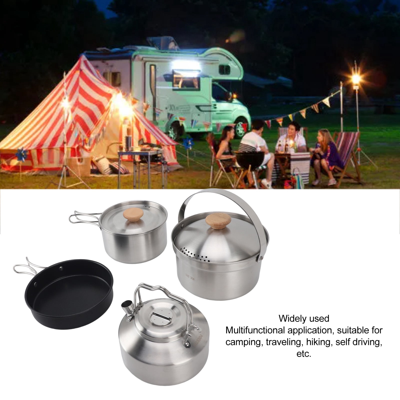 M Buder Camping Cookware Set Stainless Steel Pot Pan Kettle Kit Portable Lightweight Outdoor Cooking Set for Travel Backpacking Hiking Picnic 4 Pieces