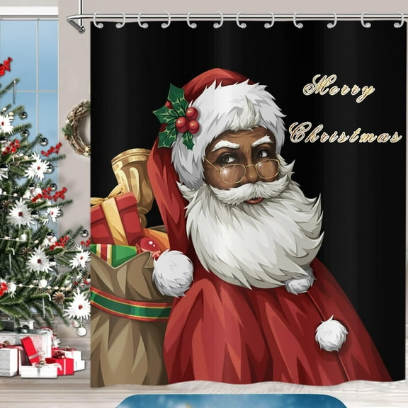Black Santa Shower Curtain, Christmas Claus Merry Xmas Pattern Snowflake Pine Tree Holiday Bath Curtain Waterproof Fabric with Hooks for Home Decor, 72Wx72H