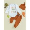 thumbnail image 2 of Liacowi Baby Boys Thanksgiving Outfits Set Long Sleeve Letter Print Romper Drawstring Pants Hat Sets 3M 6M 12M 18M Newborn Boys 3PCS Fall Winter Clothes, 2 of 9