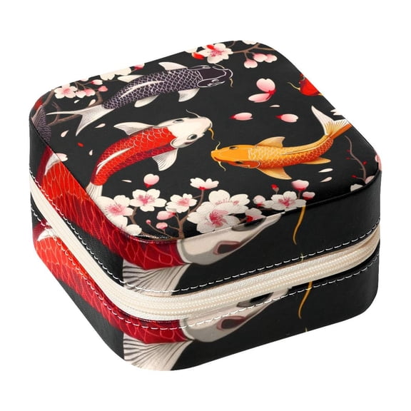 PhooArto Small Jewellery Box, Koi Fish Cherry Flower Pattern Portable Travel Mini Jewelry Case for Women Leather Ring Organizer