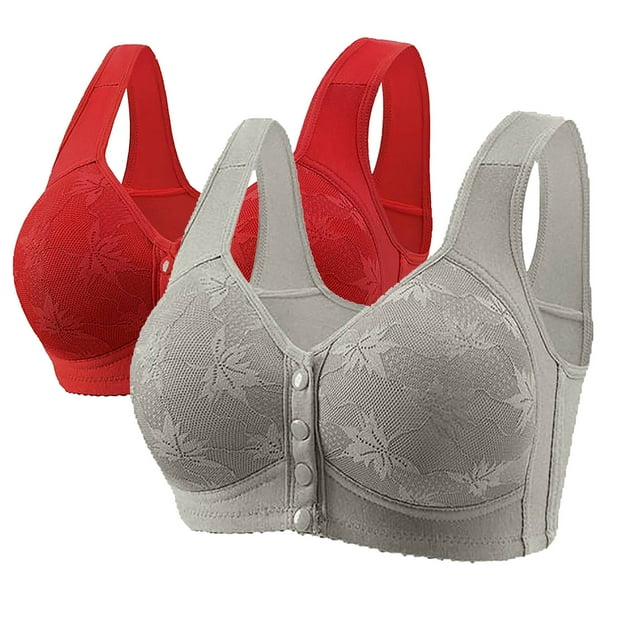 Yanlir 2PCS Lace Underwear for Women's Solid Color Bra Front Button Design No Steel Ring Support Adjustable Straps U Shaped Back Bras(Gray,M)