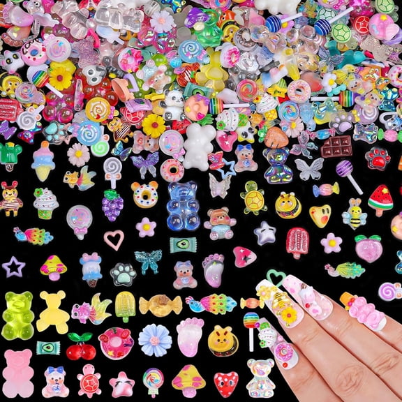 100pcs Kawaii 3D Candy Nail Charms Kit, Cartoon Animals Fruits Cute Mixed Colors Jewelry Nail Embellishments for Nail Art Craft