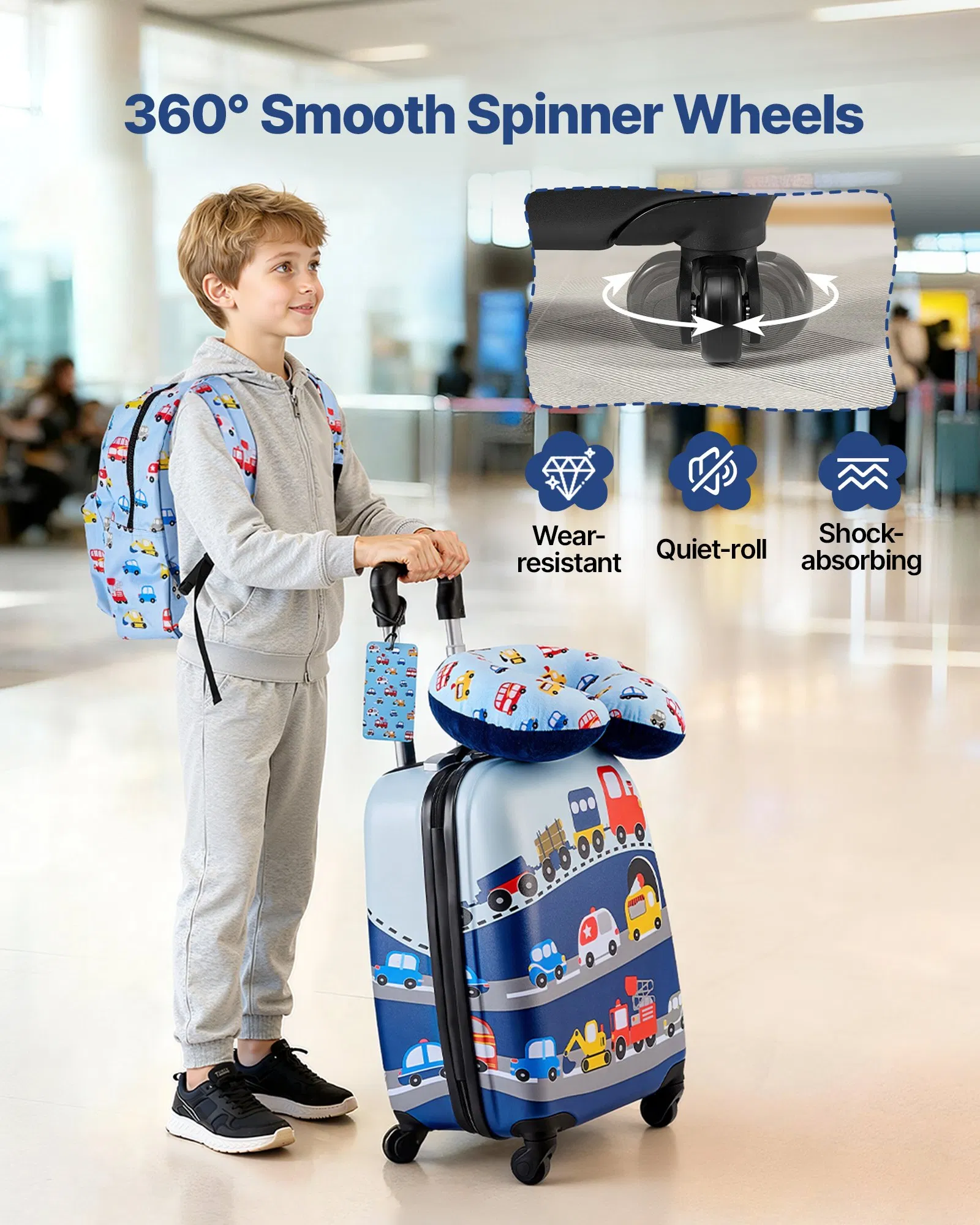 18” 5-Piece Kids Carry-On Luggage Set, Airline Approved, with Backpack Pillow Lunch Bag Luggage Tag