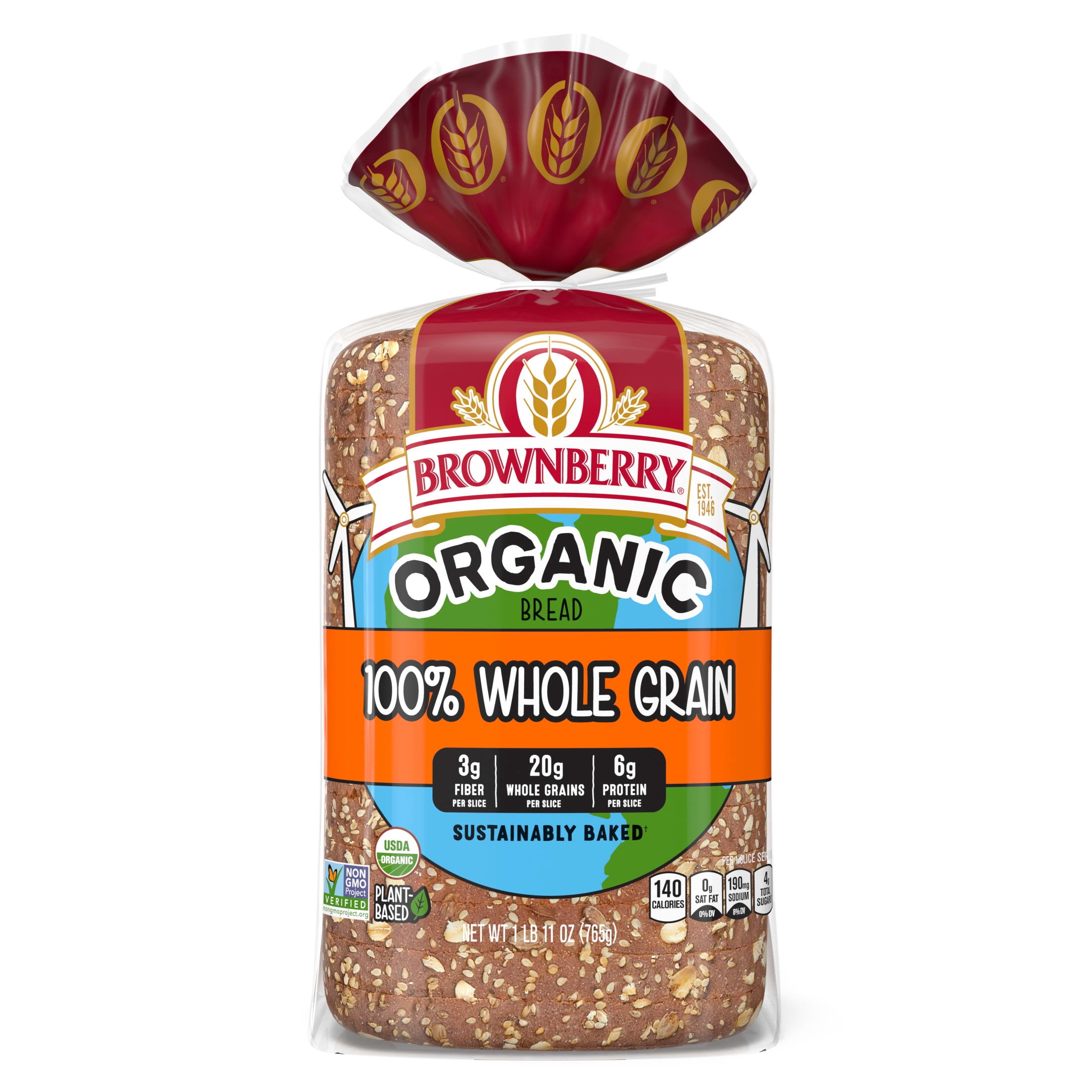 Brownberry Organic 100% Bread, 27 oz, Whole Grain Wheat Bread, Bag