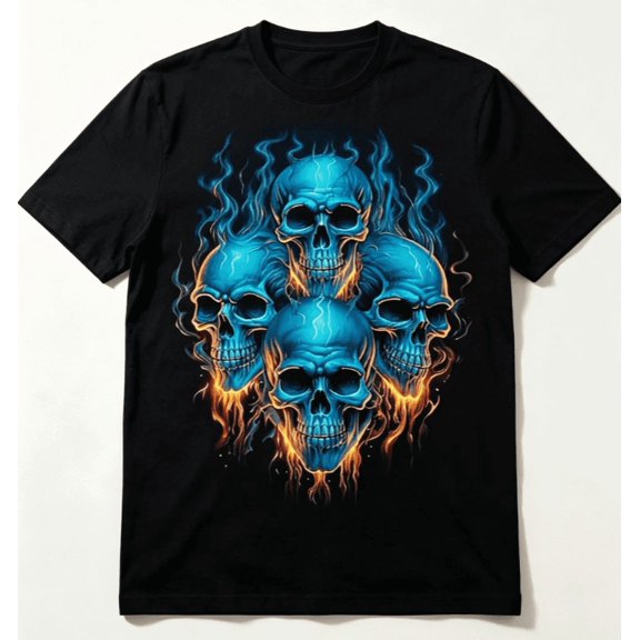 Men's Skull Fire Graphic T‑Shirt, Crew Neck Short Sleeve Tee, Blue Skeleton Heads With Fiery Flame Print,Men T shirt