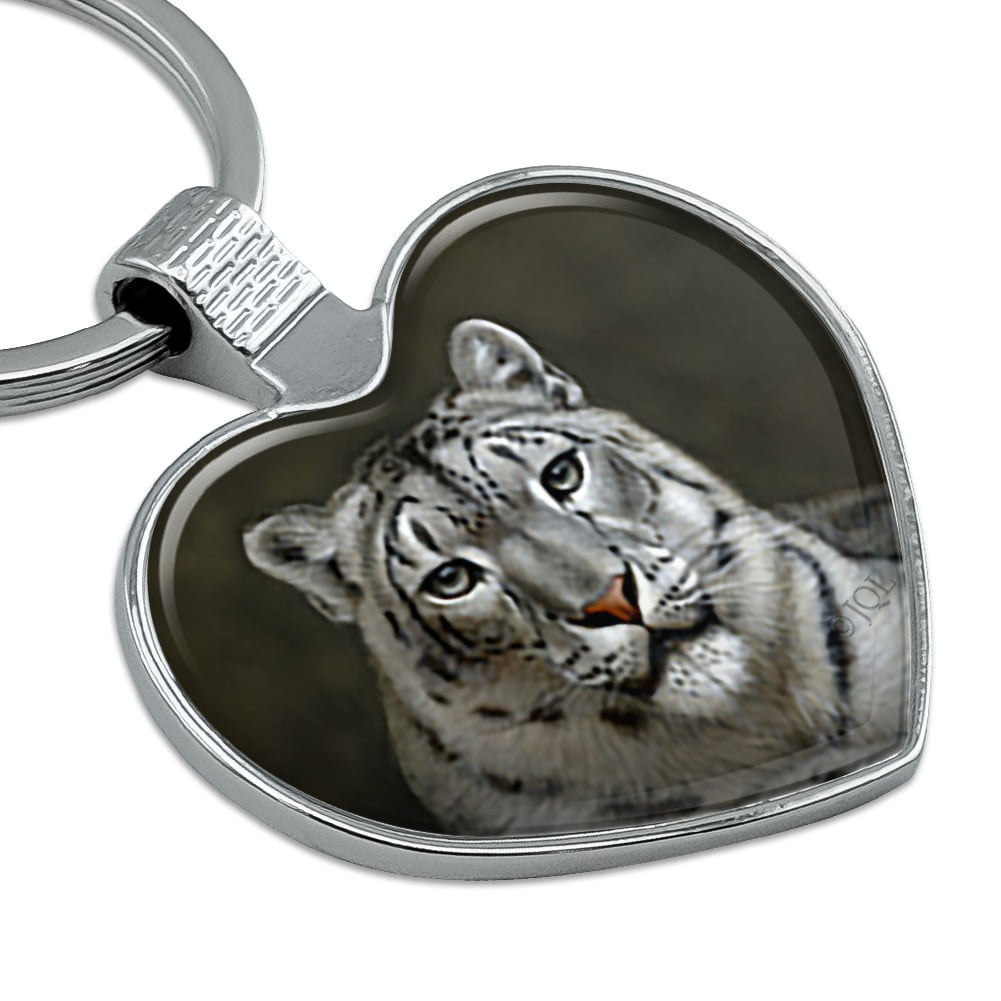 Snow Leopard on Ledge Chrome Plated Metal Heart Leather Tassel Keychain