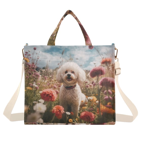 White Dog Flowers Corduroy Tote Bag Handbag Large Messenger Bag Shoulder Crossbody Zipper Bag Purse