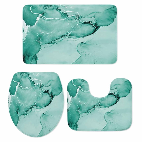 Turquoise Marble Bath Mat 3 Piece Bathroom Rug Set, Nature Marble Stone Ripple Modern Art Non Slip Bath Rug Contour Mat and Toilet Lid Cover, Absorbent Shower Mats Soft Bath Rugs and Mats Sets