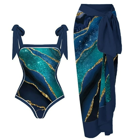 VBVC Womens One Piece Swimsuit with Beach Cover Up Wrap Skirt Retro Print Bikini Set Two Piece Bathing Suit