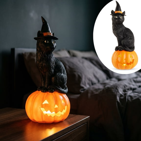Halloween Black Cat Pumpkin Lamp, Light Up Resin Cat Statue, Indoor Outdoor Tabletop Decor for Porch Mantel Patio Party Halloween Display