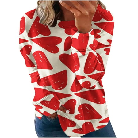 

Hvyesh Women Valentine s Day Pullover Sweatshirts Heart Letter Print Long Sleeve Crewneck Loose Spring Sweater Tops Red shirts for women L