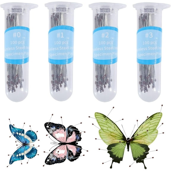 400Pcs 4 Sizes Stainless Steel Insect Pins 0.25/0.3/0.35/0.4mm Specimen Entomology Pins and Butterfly Collections Needle for School Butterfly Collectors with Plastic Bottles