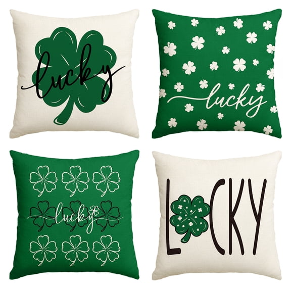 Smile St. Patrick's Day Lucky Clover Throw Pillow Covers 18 x 18 Inch Green Luck Decoration for Sofa Couch Set of 4