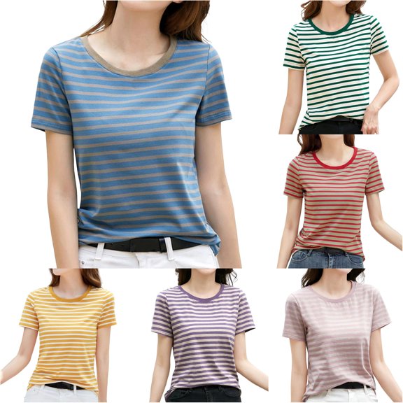 Trendfront Womens Striped T Shirts Crewneck Short Sleeve Horizontal Stripe Print Casual Lightweight Everyday Basic Tee Tops