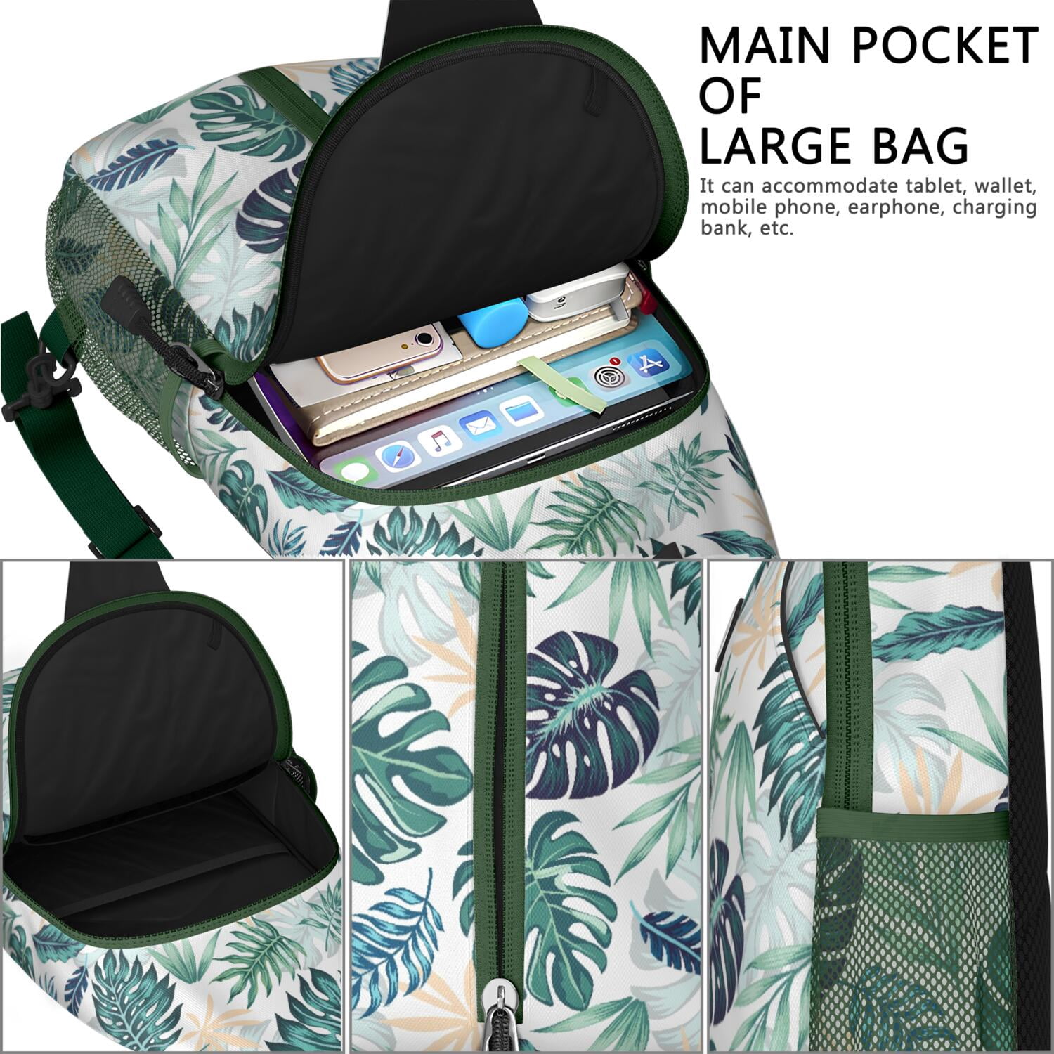 Earthy Floral Hippie Sling Backpack for Women Men – Secure zipper pockets, Stretch mesh side pocket, Large front zip pocket – Vintage Artistic Rustic Design for Travel, Hiking, Outdoor