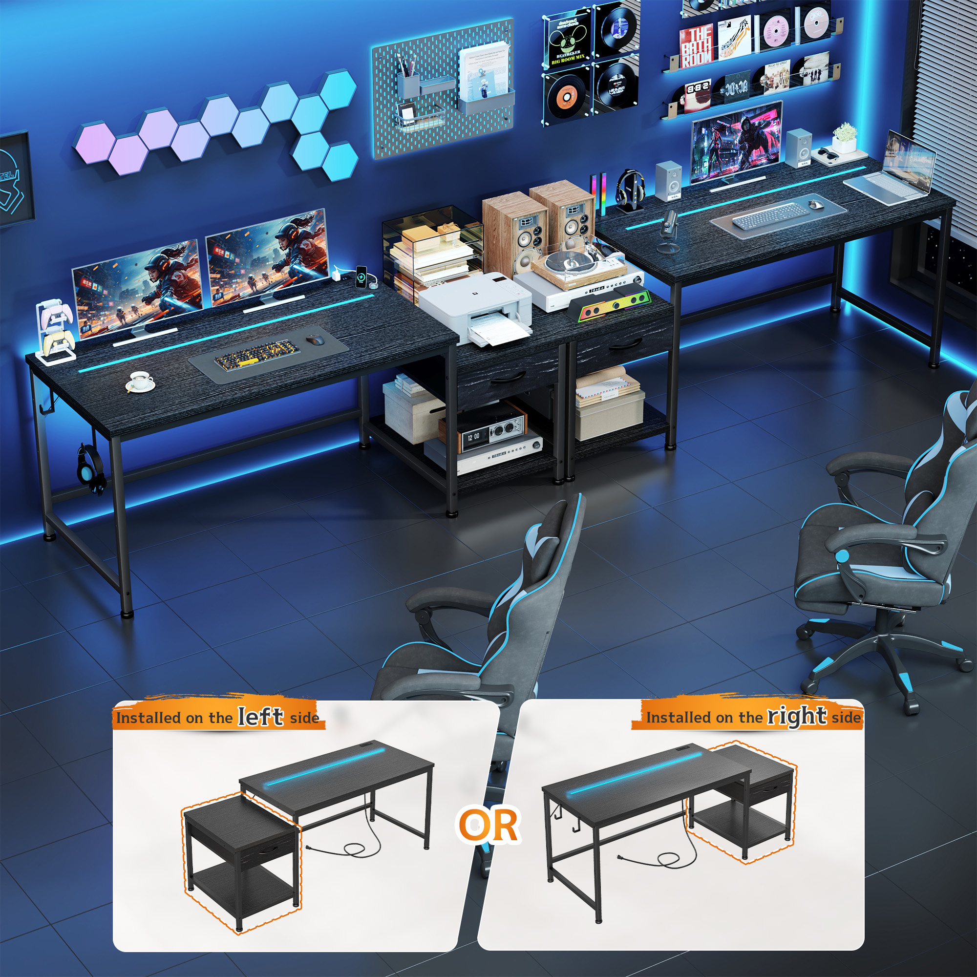 Romorgniz 48"W Gaming Desk with LED Lights & Power Outlets, Computer Desk with Fabric Drawer & Printer Shelf, Small Space Desk for Home Office, Dorm, Bedroom, Black