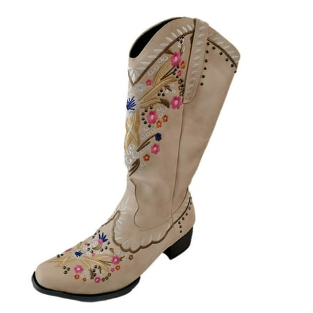 

asdoklhq Womens Boots Clearance Under $20 New Style Embroidered Flower Ethnic Thick-heeled Mid-heel High-tube Sleeve Boots