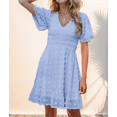 thumbnail image 3 of Weardear Womens Dresses Casual Vacation Beach Dresses for Women V Neck Smocked Short Sleeve Ruffle Hem Mini Dresses Flowy Summer Dresses, 3 of 7