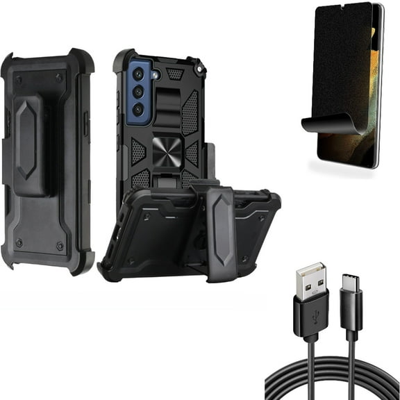 6ft USB Cable & Privacy Screen Protector & Case Belt Clip for Samsung Galaxy S22 Plus (S22 ) - Combo Type-C Charger Cord Power & TPU Film (Fingerprint Works) Anti-Peep & Holster Swivel Cover
