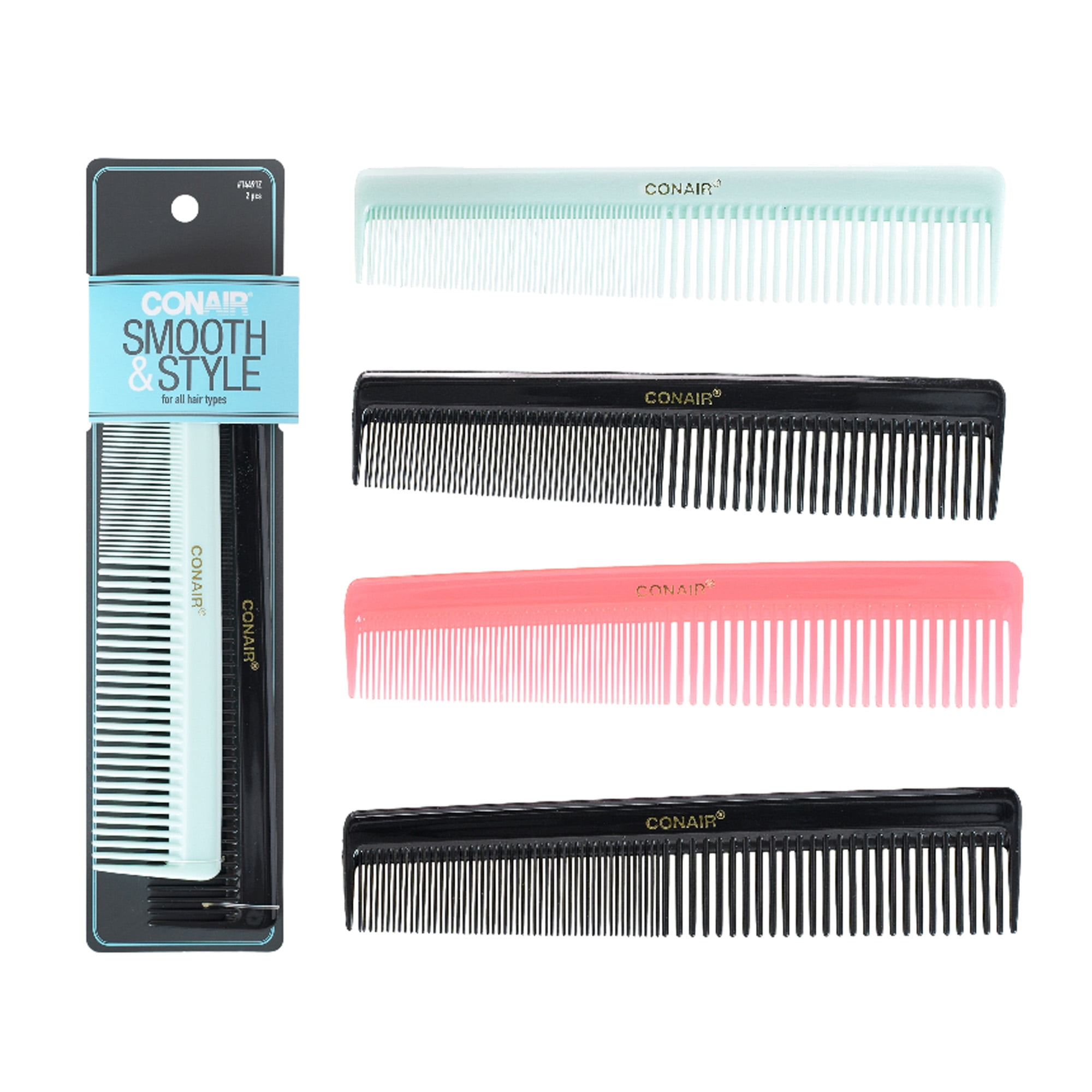 Conair Strong Sustainable Classic Combs for Everyday Use on All Hair Types in Black/Mint or Black/Coral (Colors Vary), 2ct