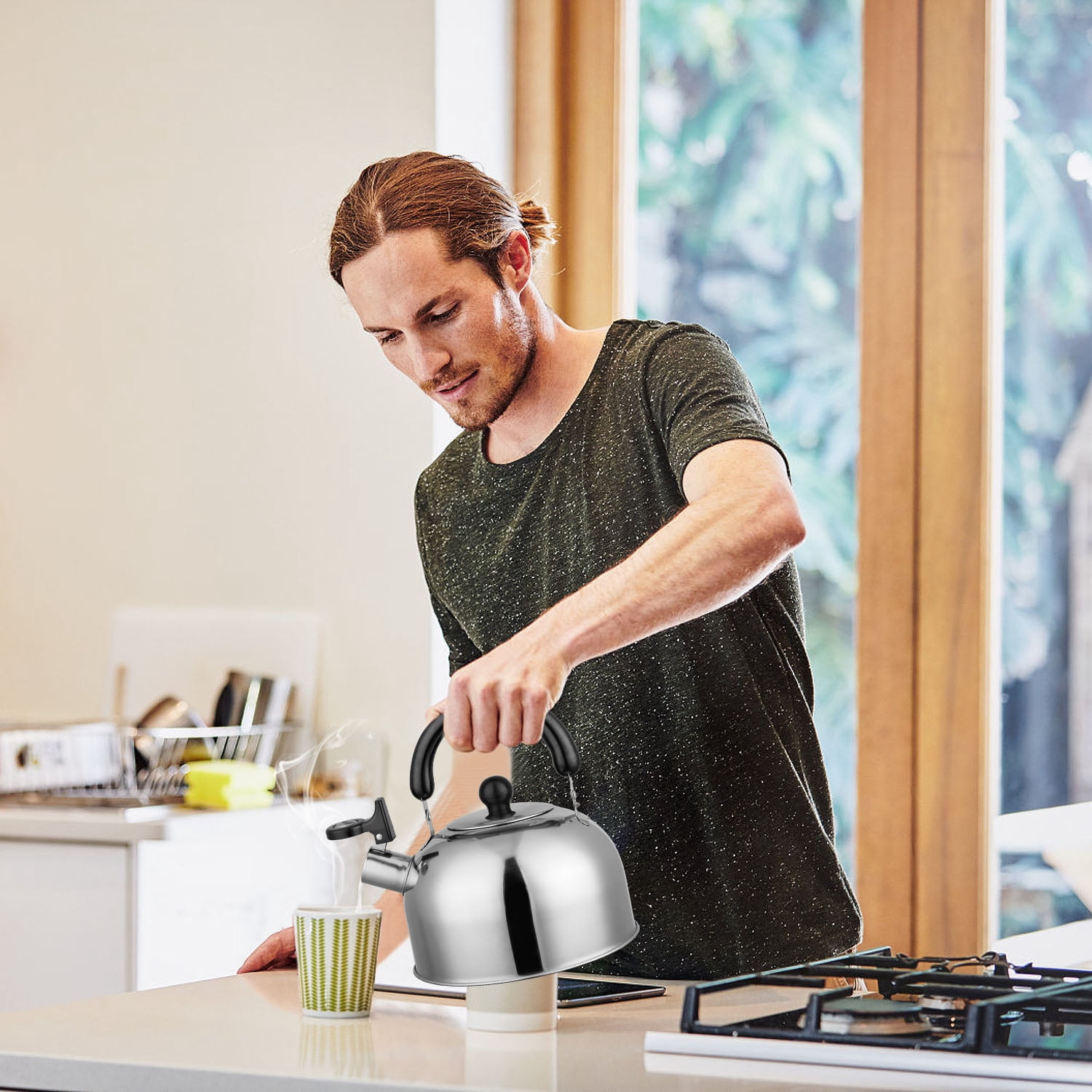 2.1 Quart Stainless Steel Whistling Kettle, Heat Insulated Handle Fast Heating Tea Kettle, Compatible with All Stoves for Kitchen Camping Office
