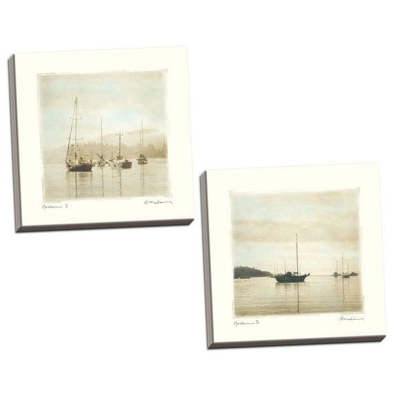 Serene Harbor Boat Photography Reproduction Set by Amy Melious; Coastal D��cor; Two 12x12in Hand-Stretched Canvases
