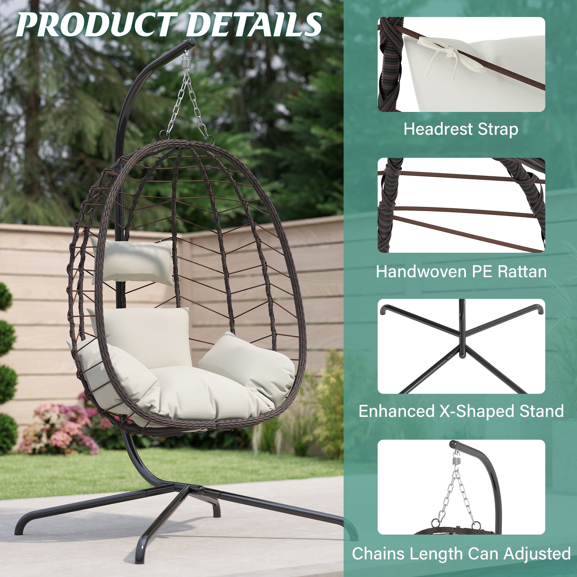 Egg Chair with Stand, Patio Wicker LHBcraft Hanging Chair, Hammock Swing Chair, 350LBS Capacity for Bedroom, Balcony, Garden(BR-BE)