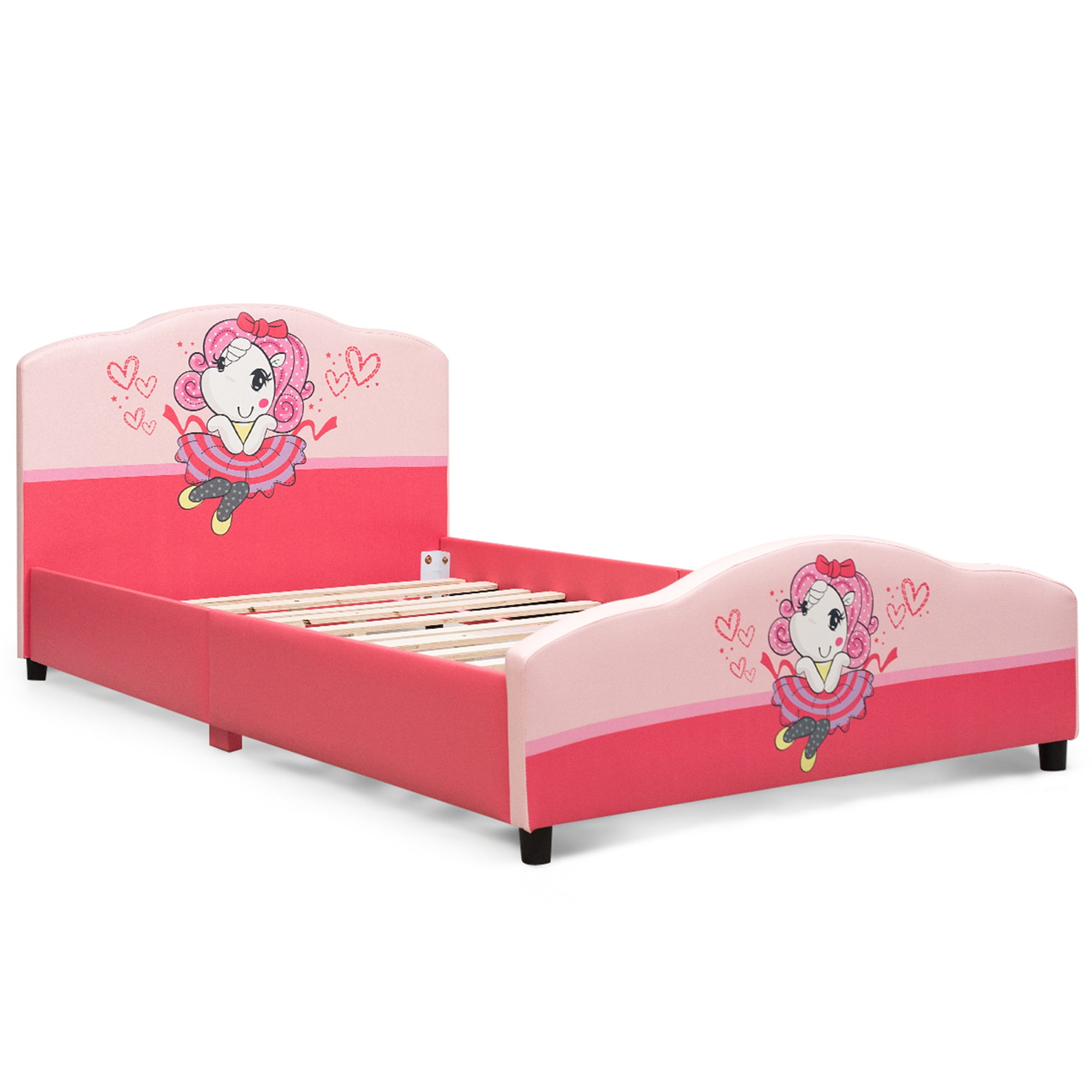Costway Kids Children Upholstered Platform Toddler Bed Bedroom Furniture Girl Pattern