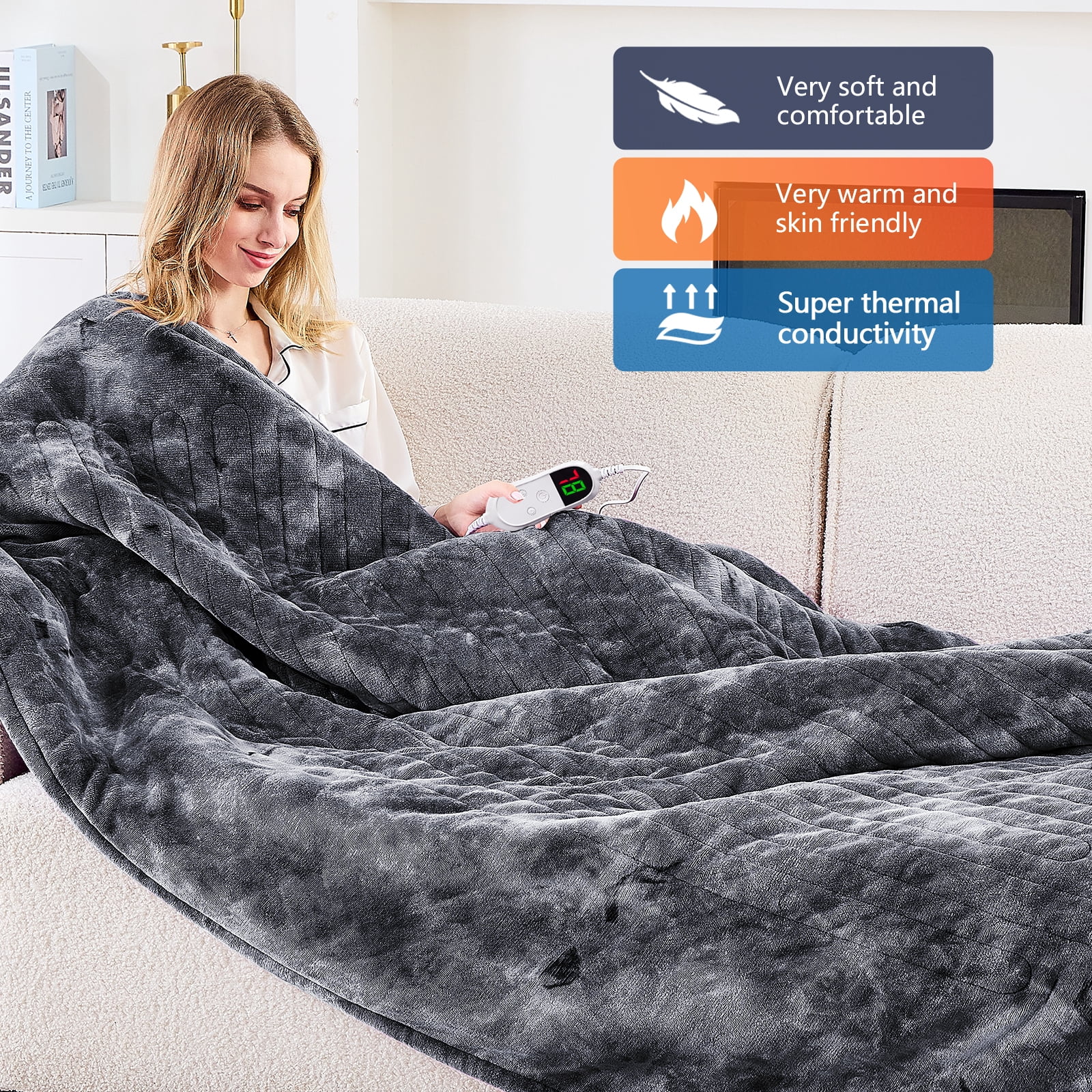 PMONPA Electric Heated Blanket, 51"x61" Heating Blanket for Adult, Soft Flannel & Sherpa, 10 Heating Levels & 1-8 Hours Auto off, Gray