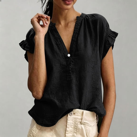 Casual Blouses Women Short Sleeve, V Neck Short Sleeve Top, Plus Size Linen Shirt, Summer Casual Blouse, Loose Fit Tee, Breathable Womens Top Black L