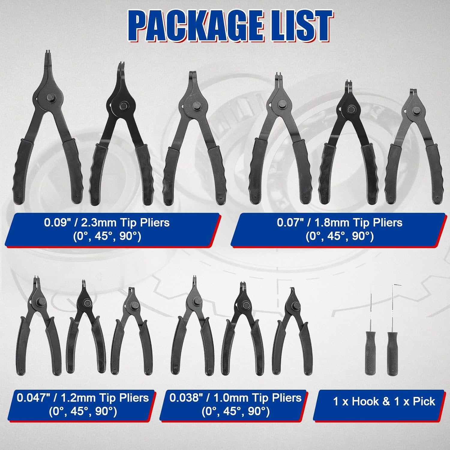 14 count Snap Ring Plier Set, Straight & Bent Retaining Ring Pliers, Long Reach Snap Ring Plier with Hook & Pick, Retaining Clip and Circlip  for 0.038in 0.047in 0.070in 0.090in