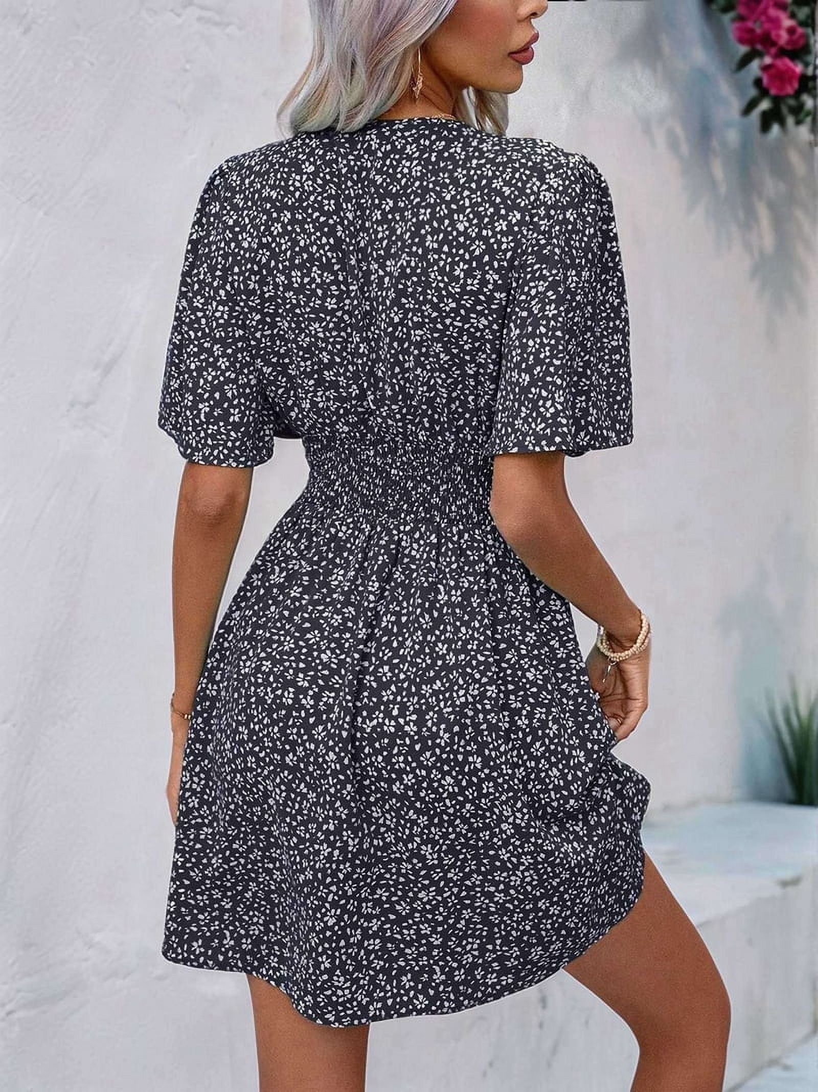 Women Summer Casual Floral Print Short Flutter Sleeve Mini Dress Casual Sundress V Neck Sun Dresses Black S