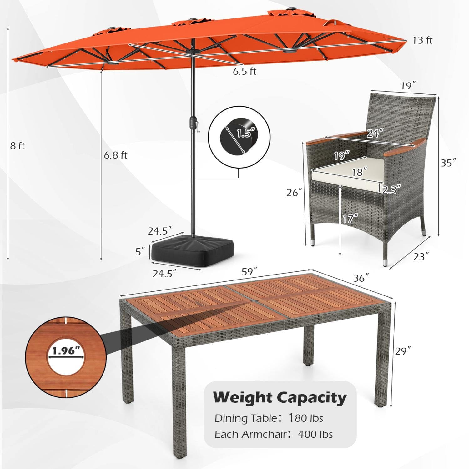 Resenkos 8 Piece Outdoor Wicker Dining Furniture Set, 13.5 FT Double Sided Patio Umbrella with Solar LED Lights for Patio Dining, Orange