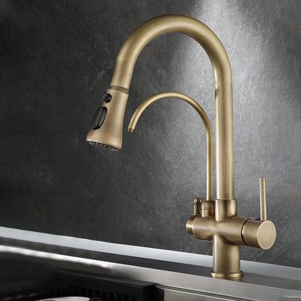 Grifo de cocina extraíble de 3 vías con rociador, mezclador de cocina, doble manija, un solo orificio, agua fría y caliente, latón, agua purificada, grifo extraíble de 3 vías, antiguo