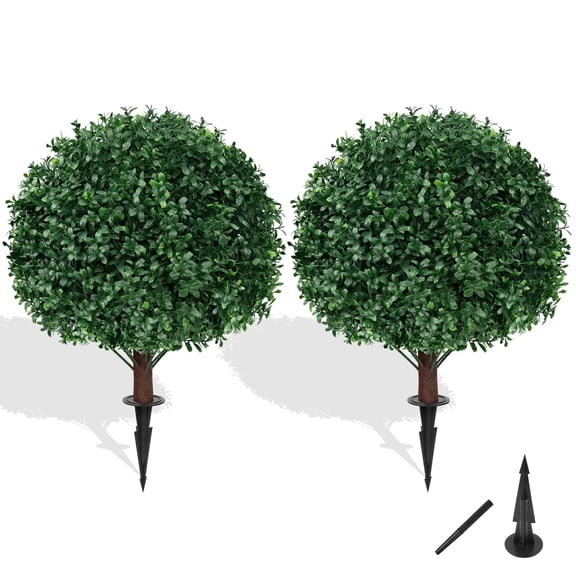 2 16in Artificial Boxwood Sphere Bushes - UV Resistant, with Stakes, Porch/Planter/Indoor Decor