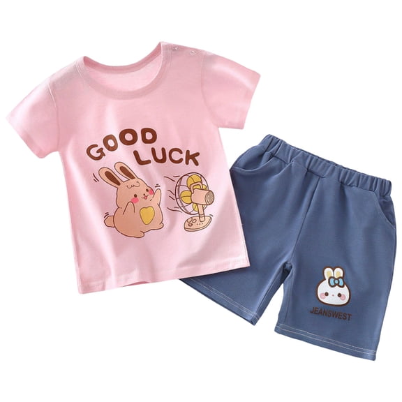 Faraee Toddler Baby Girl Summer Clothes Short Sleeves T-Shirt Tee Tops Shorts Cute Outfits Set Rabbit Print 2 Piece Clothing Set (2-3T,Light Pink)