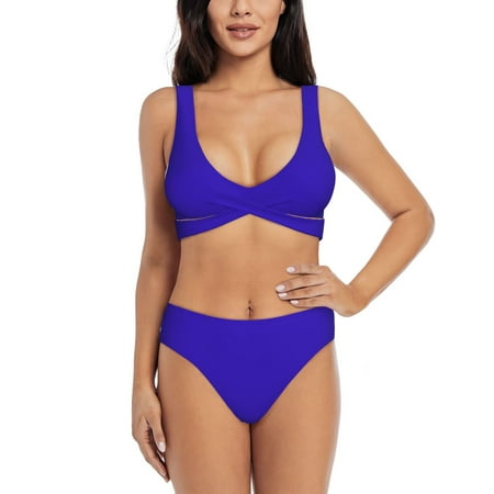 Zeuib Darkblue High Waisted Tummy Control Bikini Set - Knot Front Push Up Top & Cheeky Thong Bottom  Two-Piece Swimsuit for Women-Large