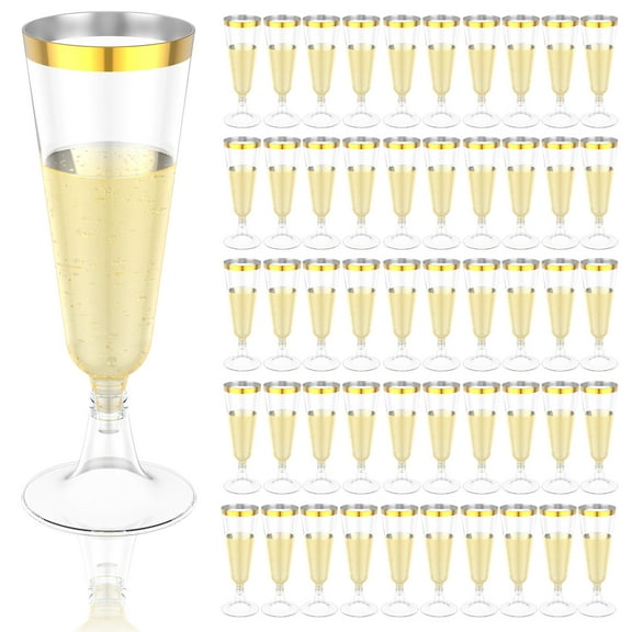 50Pcs Champagne Flutes Glasses PP Gold Flute Glasses Unbreakable Clear Champagne Flutes Easy to Clean Tall Champagne Glasses Easy to Grip Mimosa Glasses for Weddings Parties