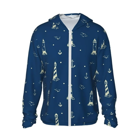 Sigee Lighthouses and Anchors Print UPF50+ Men s Sun Protection Hoodie Shirt SPF UV Shirt Long Sleeve Fishing Outdoor Lightweight S-3XL