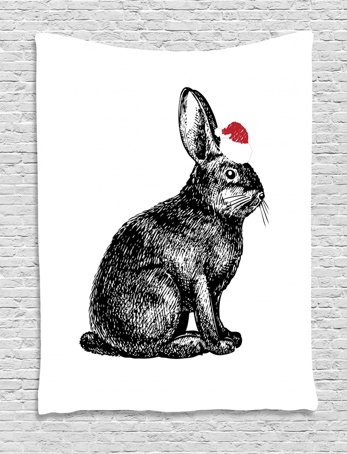 Bunny Tapestry, Christmas Theme Rabbit Silhouette in Pencil Drawing Sketchy, Wall Hanging for
