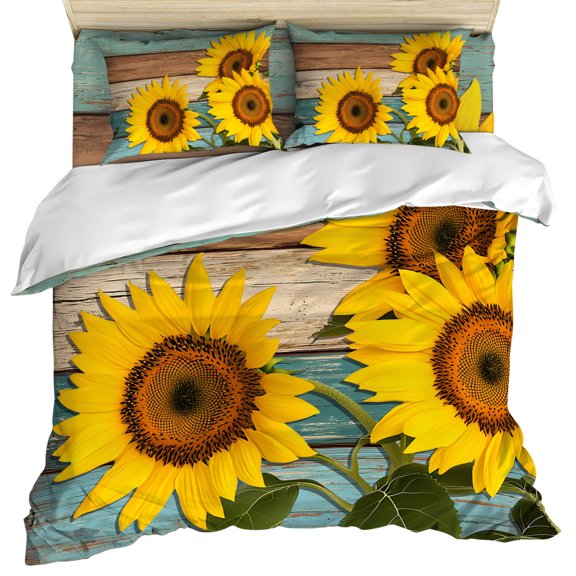 Sunflower Duvet Cover Set, Yellow Spring Flora Botanical Teal Brown Wooden Soft Duvet Cover Twin Size Bedding Set 4 Pieces, 1 Quiltcover and 2 Pillowcases with Zipper, 1 Bed Sheet for All Seasons