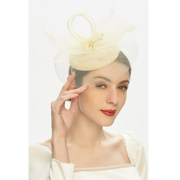Lace Fascinator Headband Women Vintage Church Hat Wedding Cocktail Hair Clip , Hontri Tea Party Fascinator Kentuckys Derbys Hat (X07-Khaki)