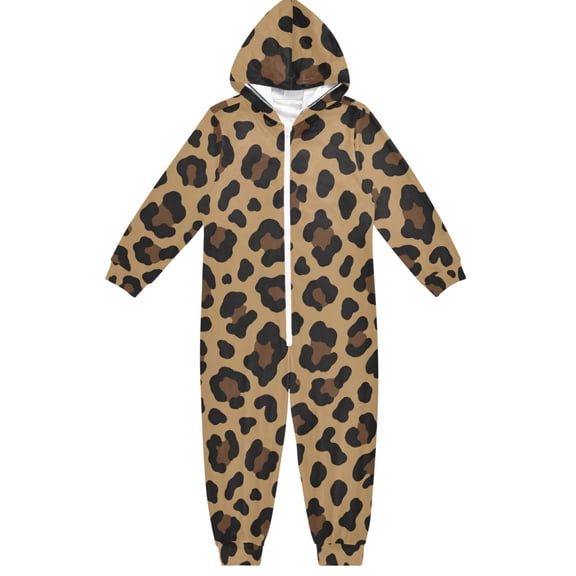 Leopard Print Brown Boys & Girls Hooded One-Piece Pajamas Warm Crystal velvet Hooded Long Sleeve Loungewear Jumpsuit Unisex