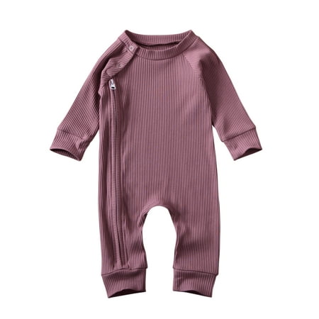 

Baby Boy Girl Side Zipper Up Round Neck Long-Sleeve Soild Jumpsuit