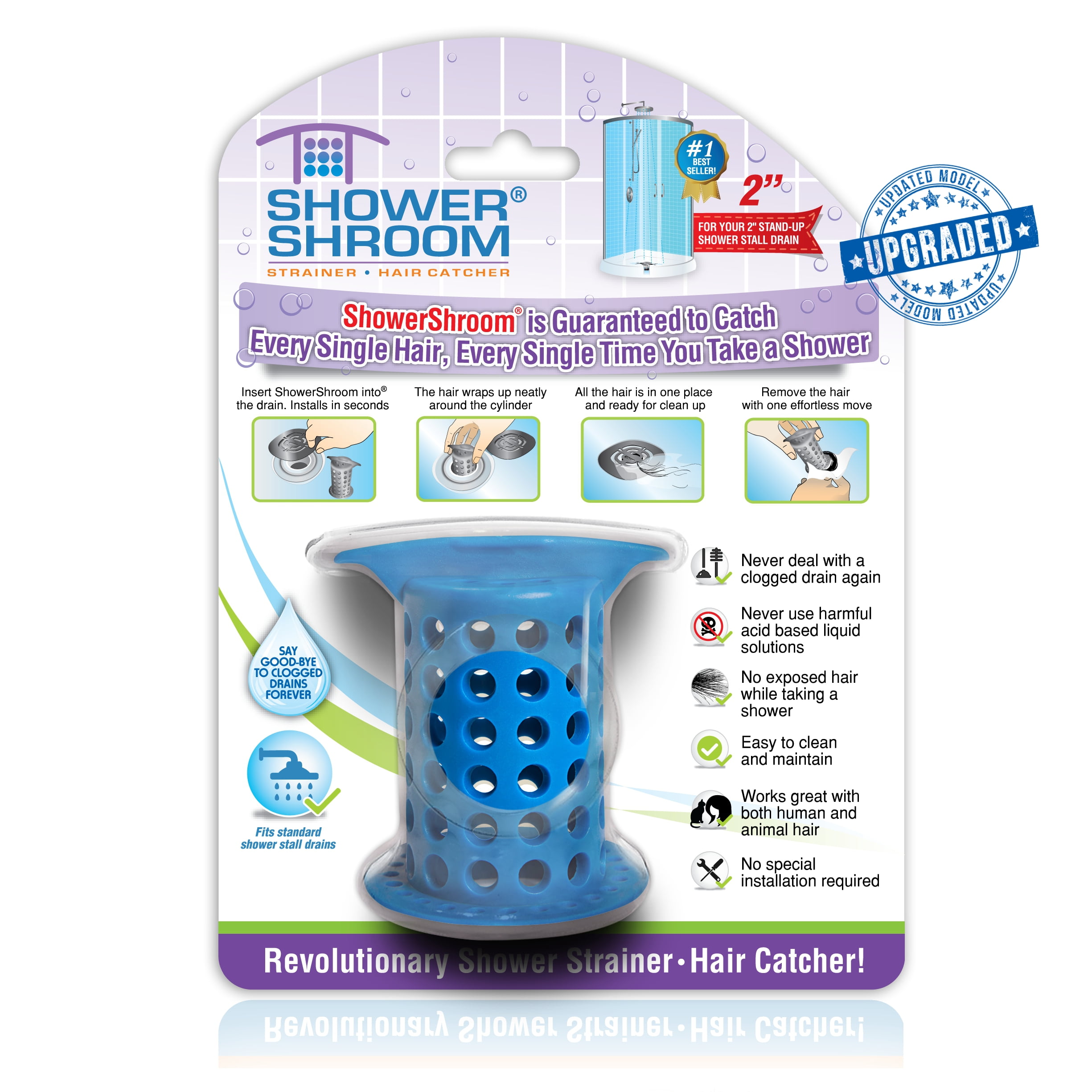ShowerShroom The Revolutionary 2 Stand-up Shower Stall Drain Protector Hair Catcher/Strainer, Blue
